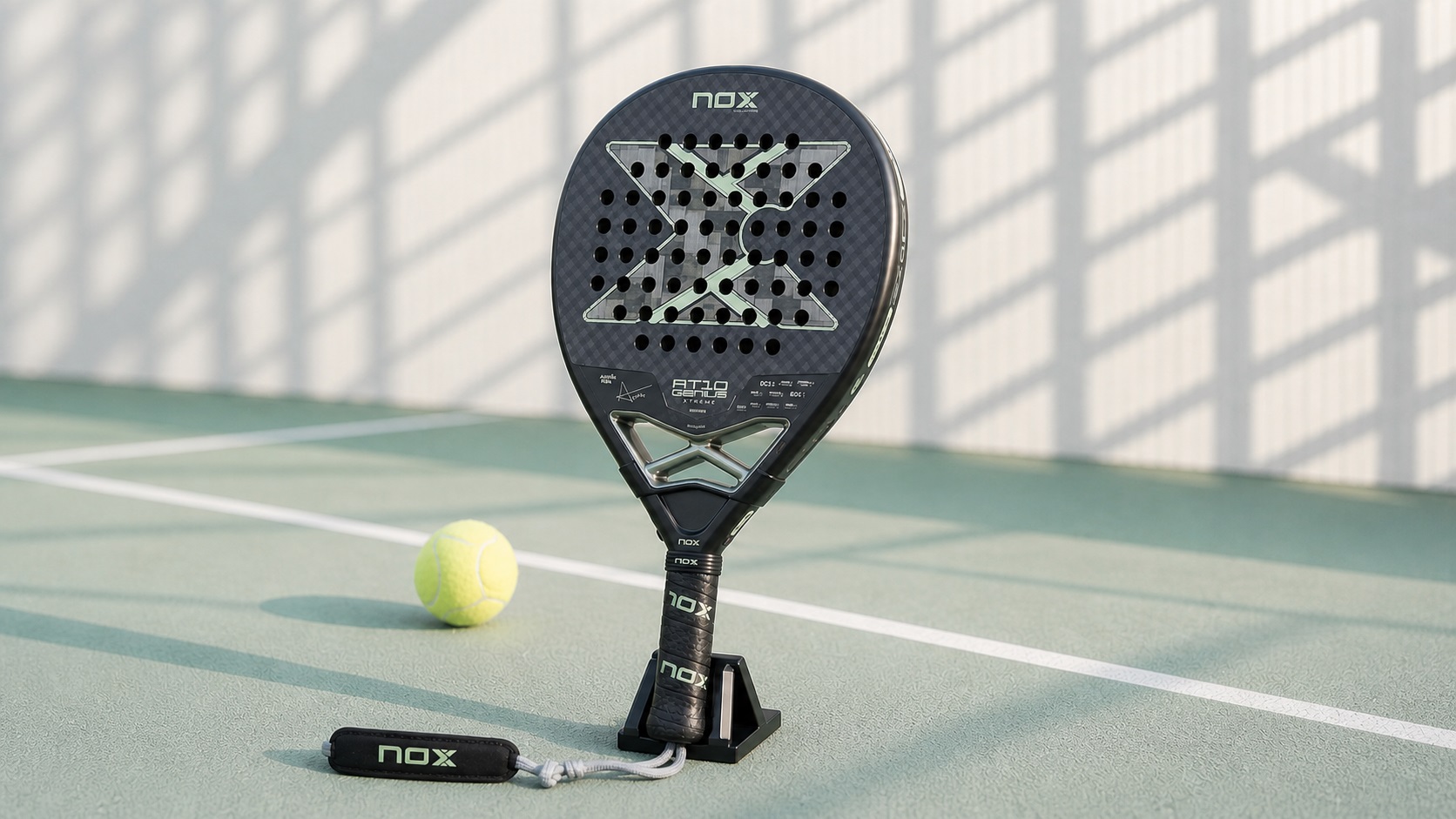 Pala de padel apoyada en una pista